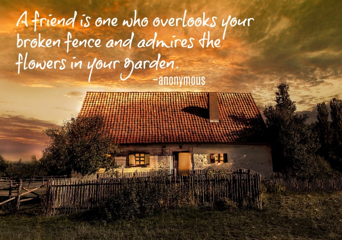 Motivational flower quoteo - A friend is one who overlooks your broken fence and admires the flowers in your garden.