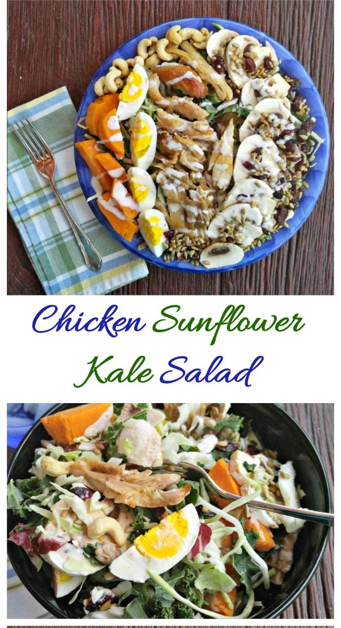 Healthy looking salad in a blue bowl with words reading chicken sunflower kale salad.