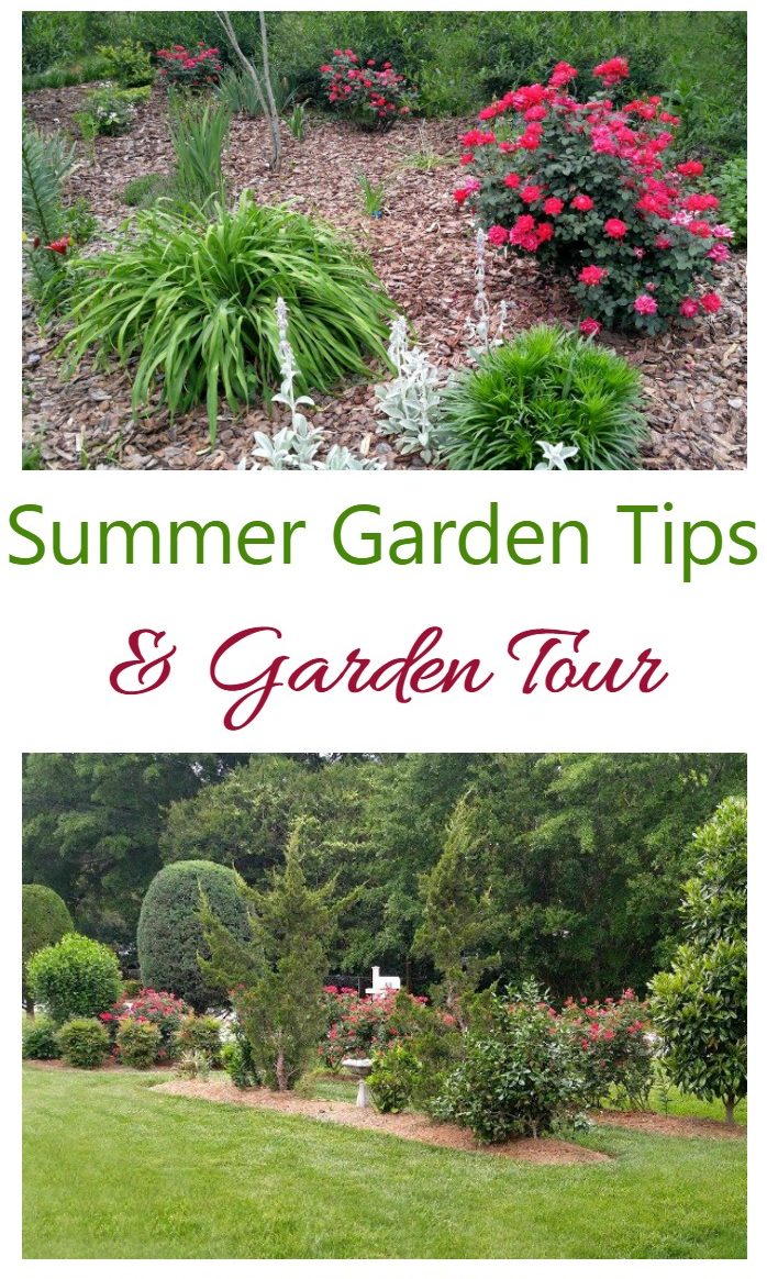 Beautiful gardens and words reading Summer Garden Tips and Garden Tour