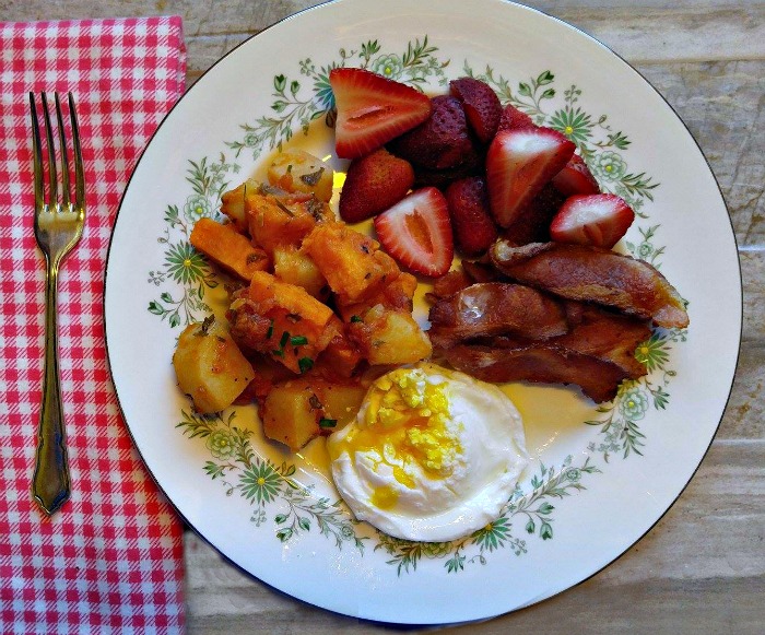 Want to know what to do with cooked sweet potatoes? Include them in a Breakfast with, eggs, bacon and fruit