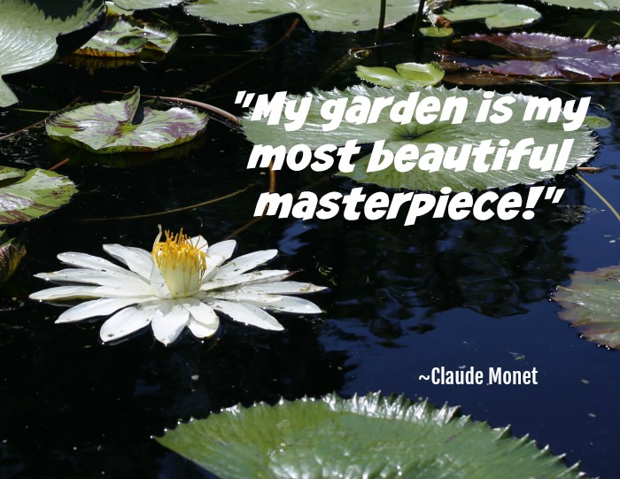 Claude Monet Quote "My garden is my most beautiful masterpiece!" on a waterlily photo