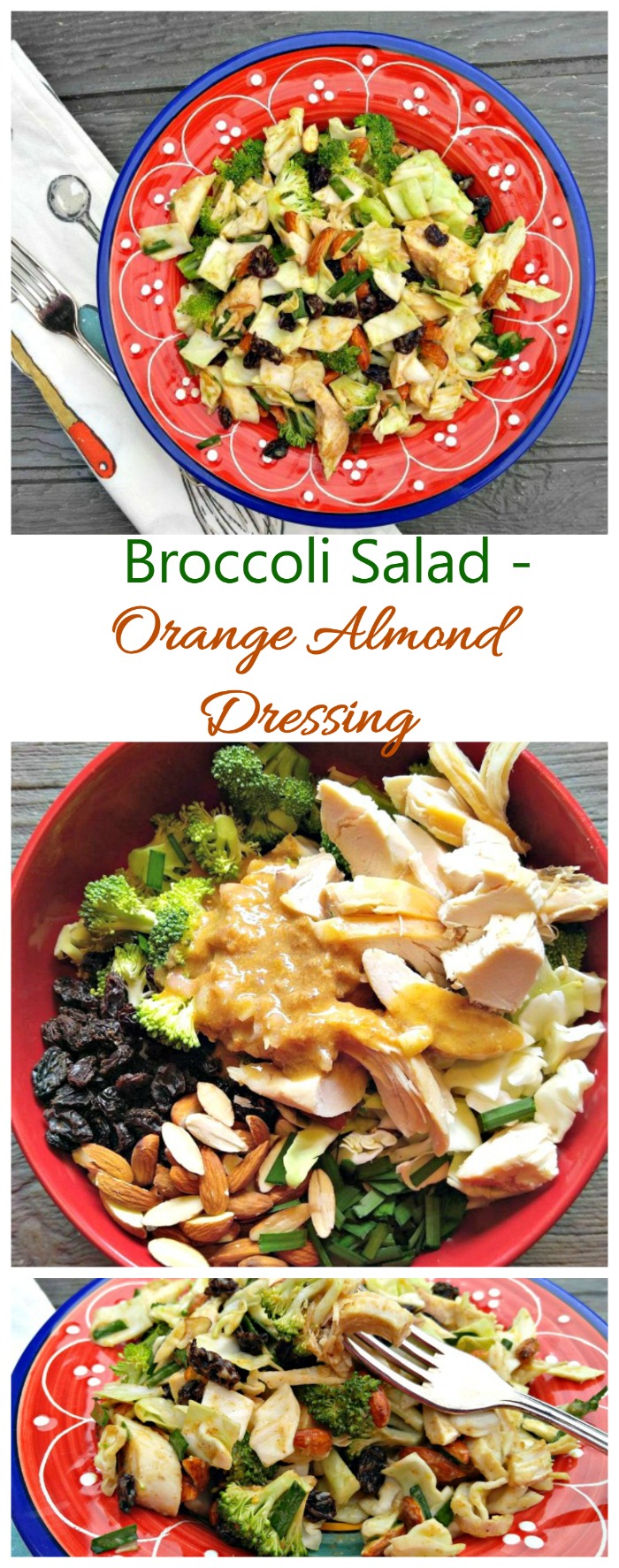 This broccoli salad has a delicious home made orange and almond butter dressing. It's ready in 15 minutes and super tasty.