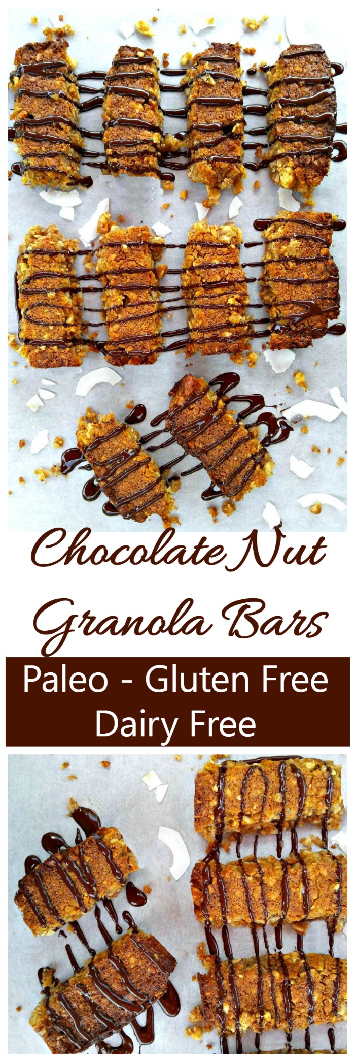 These chocolate nut granola bars are dairy free, Paleo and gluten free. YAY for clean eating!