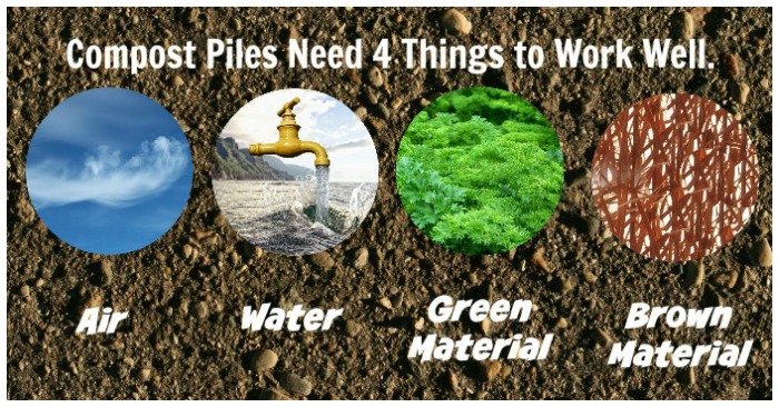 A compost pile needs air, water,and both green and brown materials.
