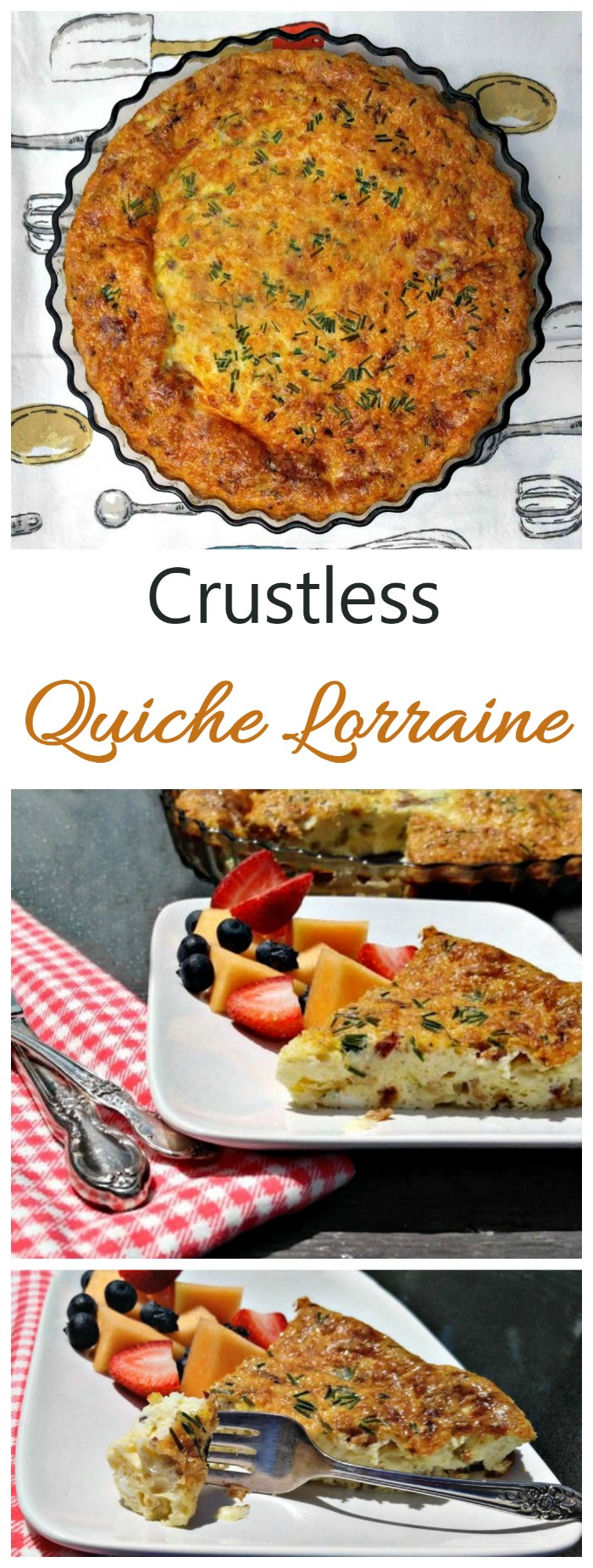 Crustless quiche Lorraine collage This crustless Quiche Lorraine is full of flavor but has been slimmed down to make it more calorie friendly.