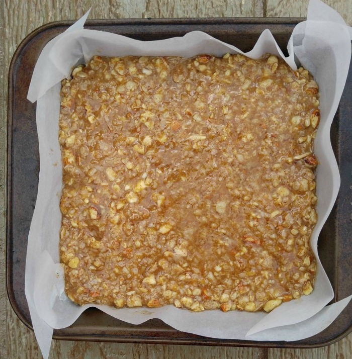 Granola bar mixture ready to bake