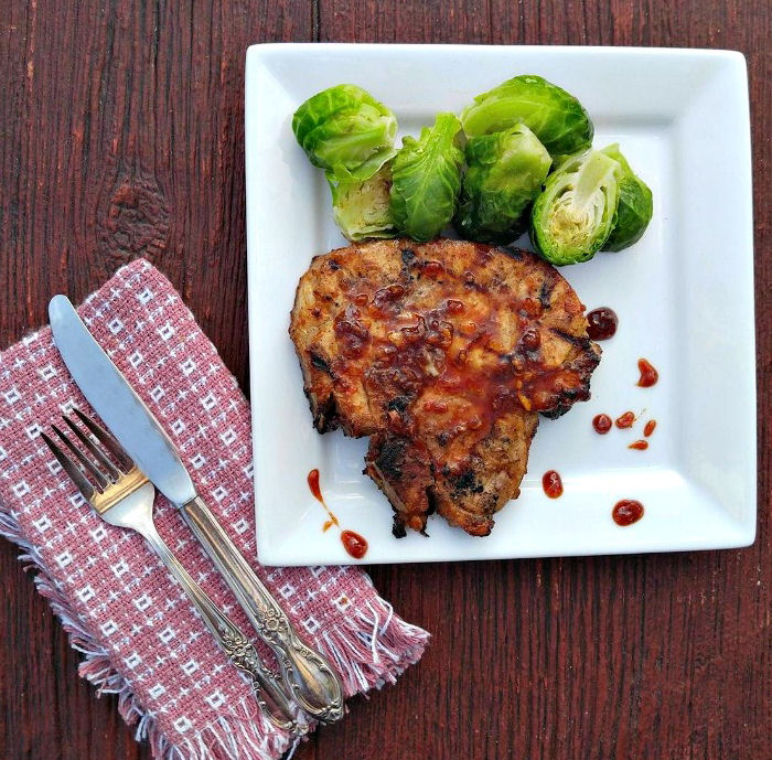 Grilled pork chops and Brussels sprouts