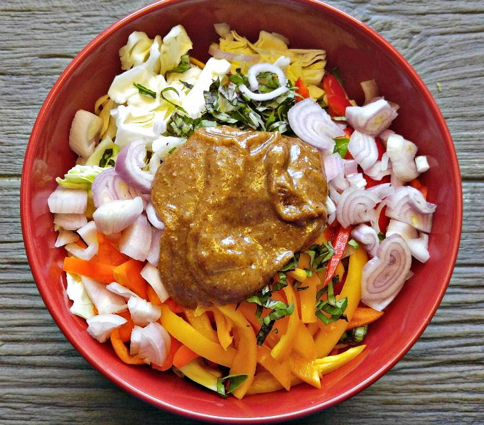 Add a thick dressing since zoodles have a high water content