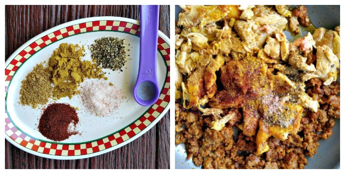 Add the spices to the cooked meats