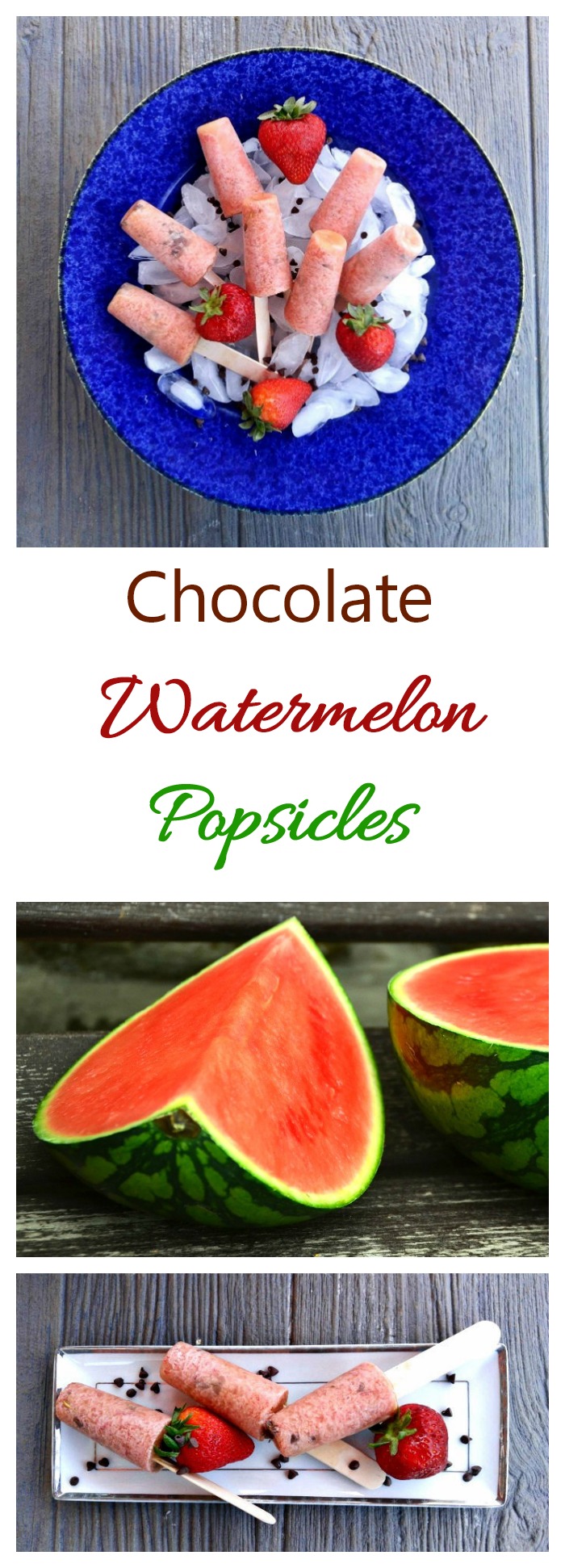 These Chocolate Watermelon Popsicles are sweet and refreshing and have a light crunch from some chocolate chips.
