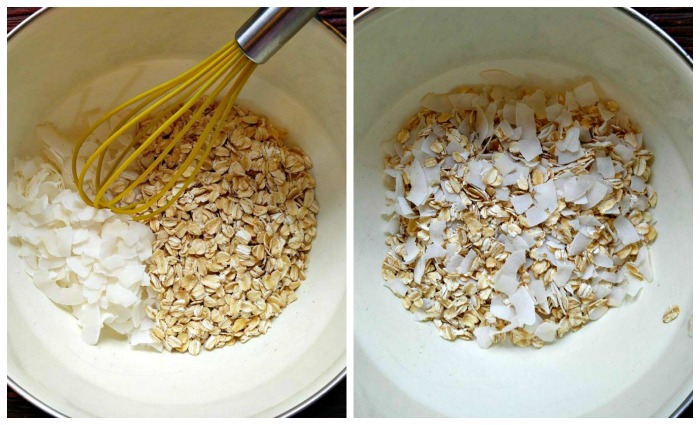 Mixing the oats and coconut flakes