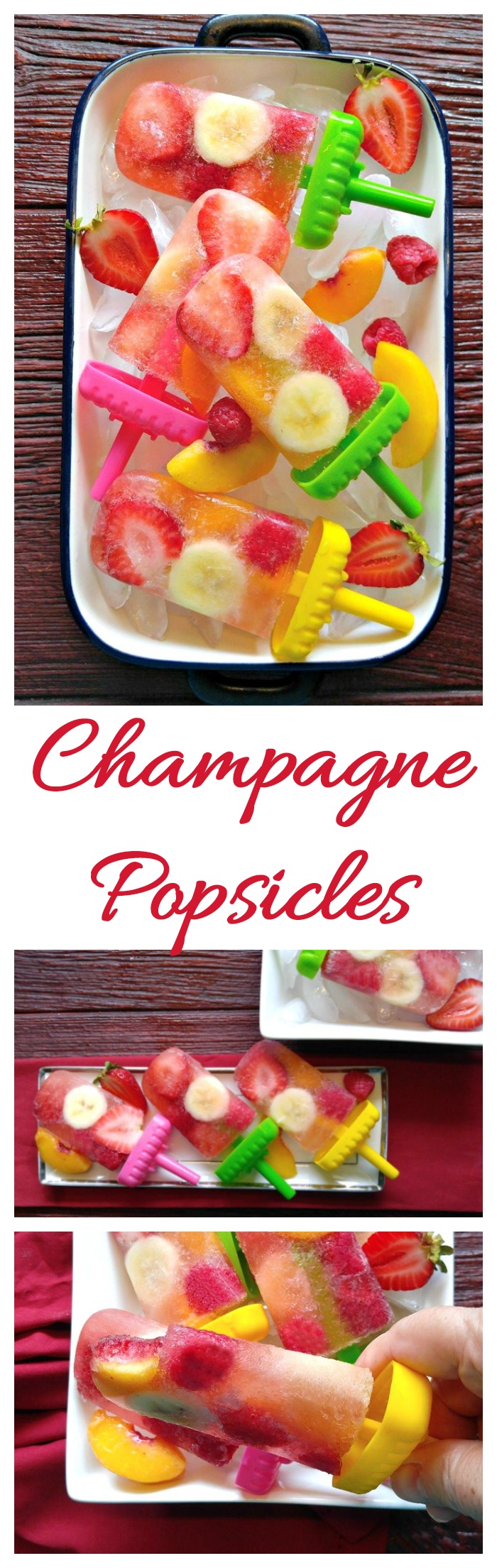 Thee champagne popsicles are a great tasting adult frozen treat. They are loaded with fresh fruit.