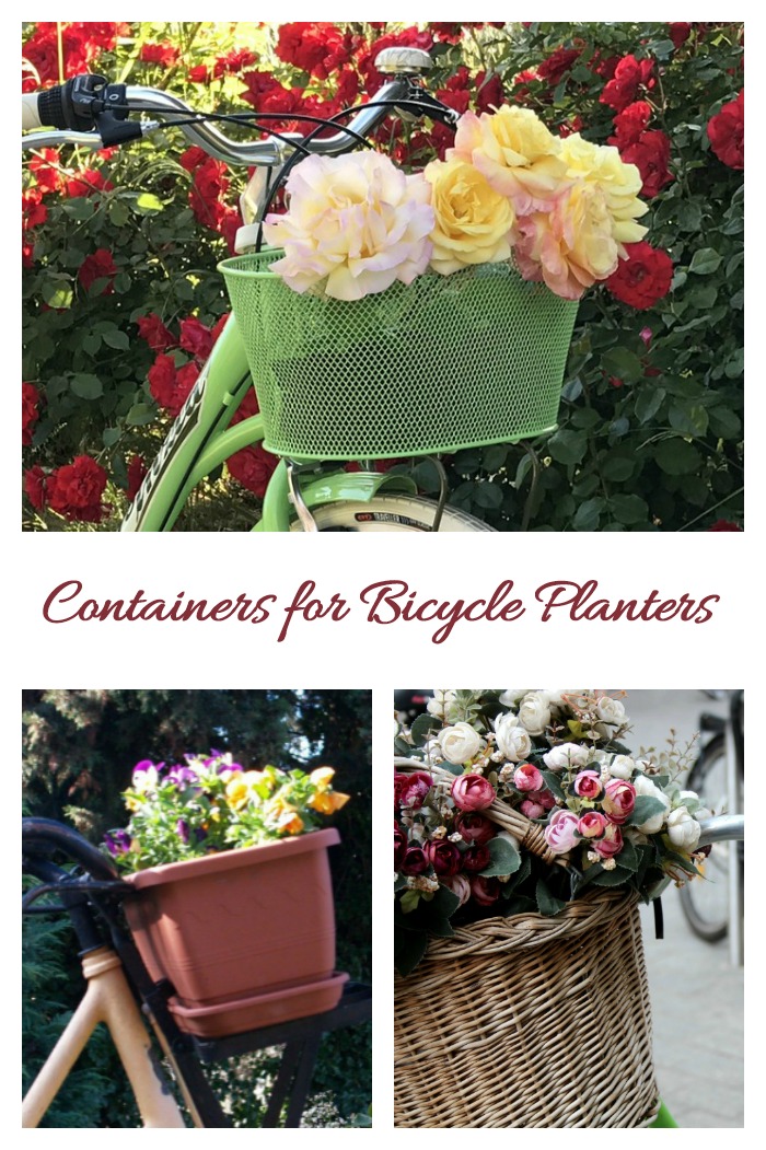 All sorts of items can be useful to hold flowers for bicycle containers