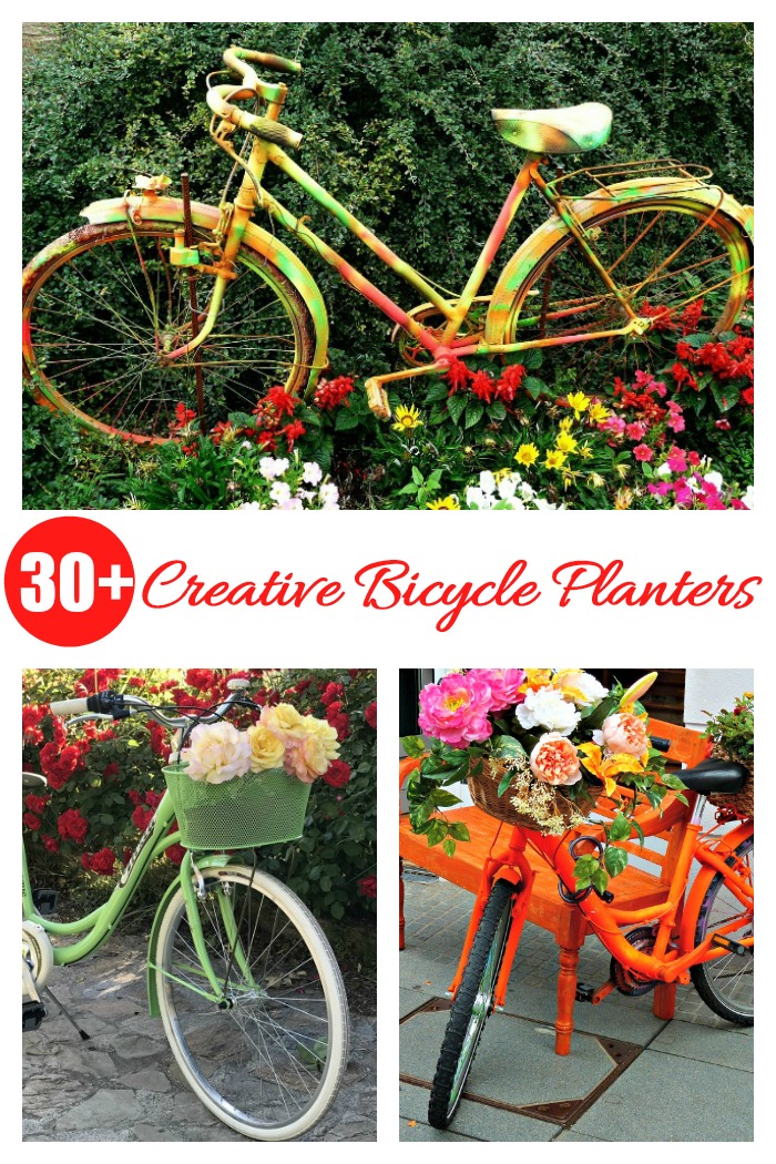 These creative bicycle planters show over 30 different ways to use a bicycle as a focal point in your garden