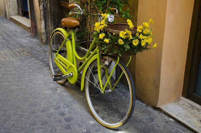 lime green bicycle planter Lime green bicycle planter with daisies