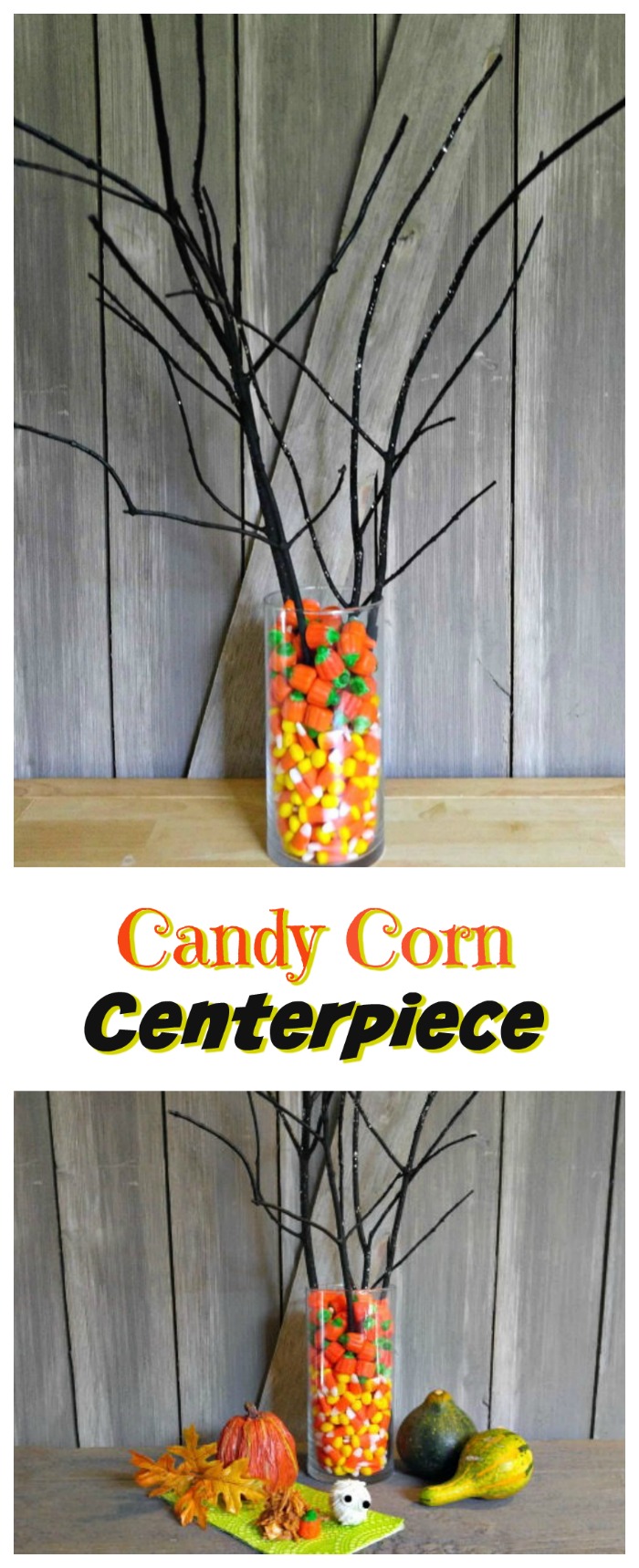 This candy corn centerpiece is simple to do and looks great on your Halloween party table #centerpiece #Halloween
