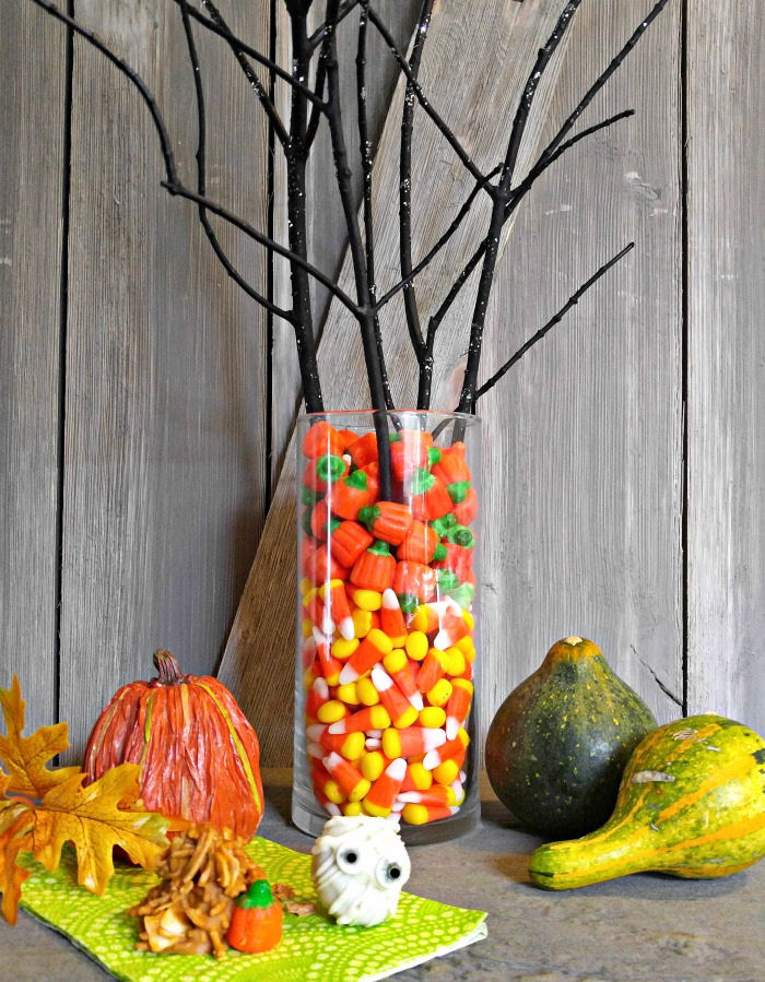 Candy corn centerpiece, and Halloween treats