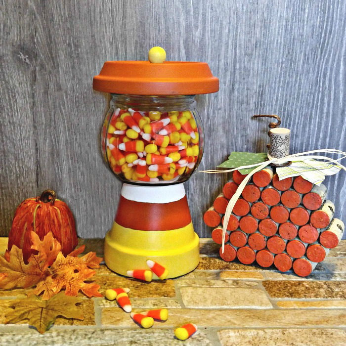 Candy corn dish in a Fall vignette