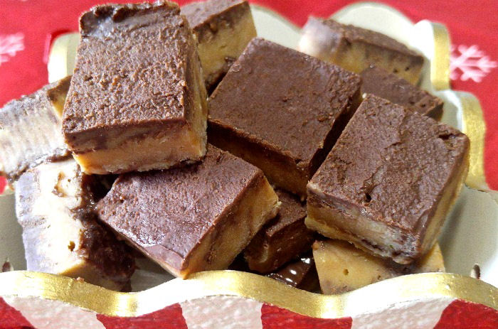 perfect fudge cut into squares in a red and white striped box.