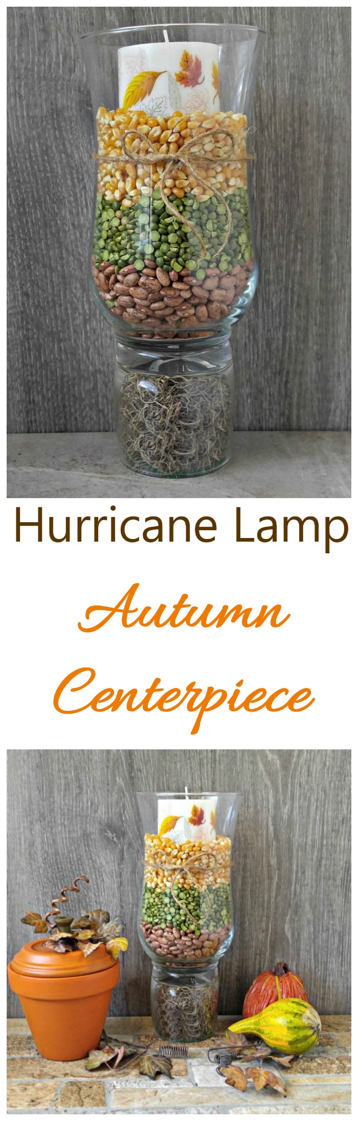 This hurricane lamp fall centerpiece is super easy to make and very inexpensive, as well. #falldecor #tablescape