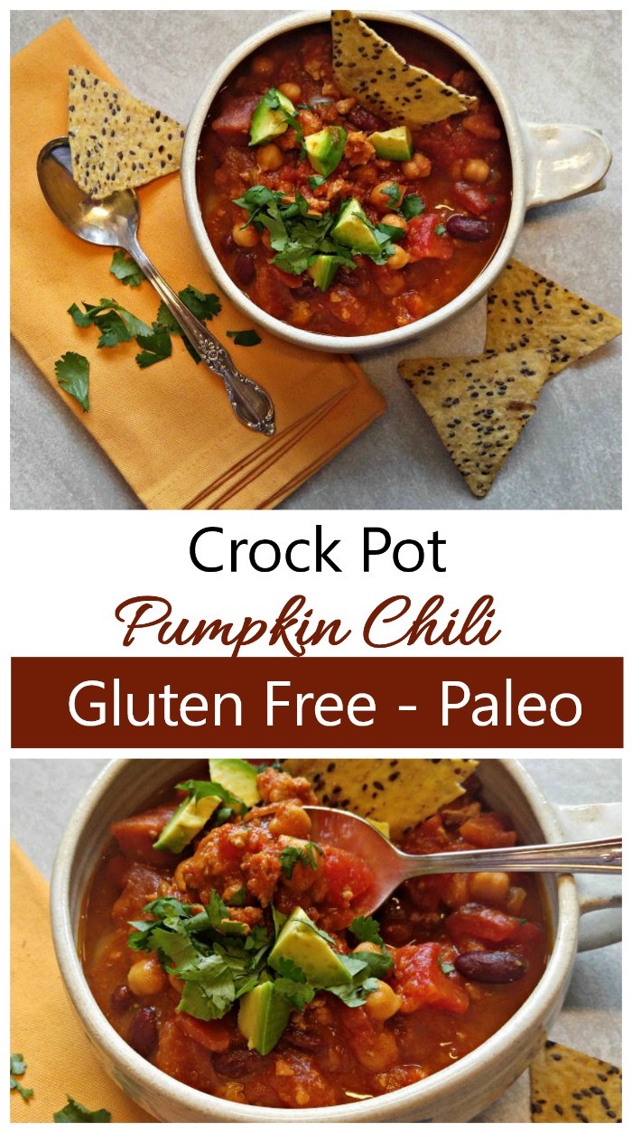 This crock pot pumpkin chili is full of the flavors of fall and is gluten free and Paleo. #paleochili #glutenfreerecipes #pumpkinchili