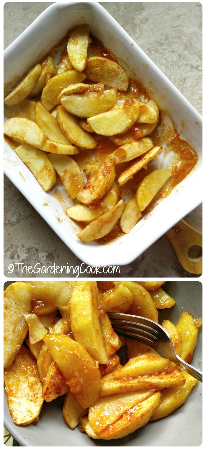 These cinnamon baked apple slices are the perfect side dish to go with pork chops. They are sweet but not overly so and perfectly tender.