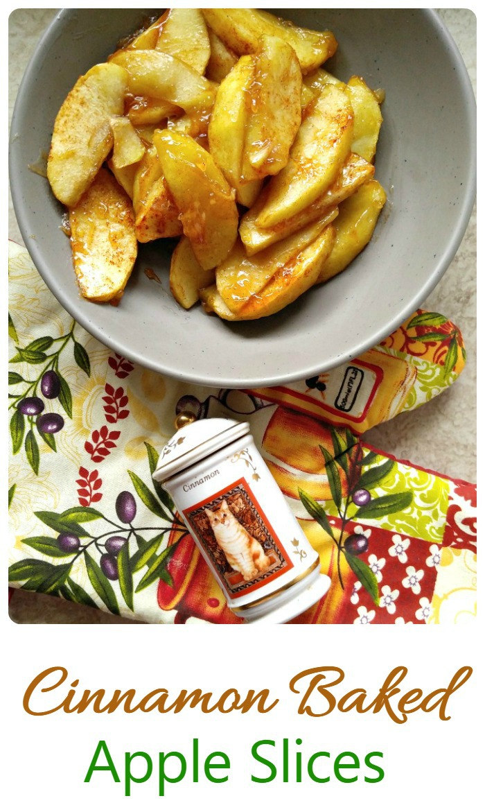 These cinnamon baked apple slices are the perfect side dish to go with pork chops. They are sweet but not overly so and perfectly tender.