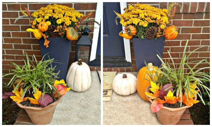 Planters with mums and autumn decor