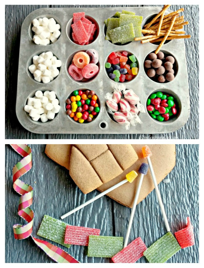 Supplies for a making a gingerbread house in a collage.