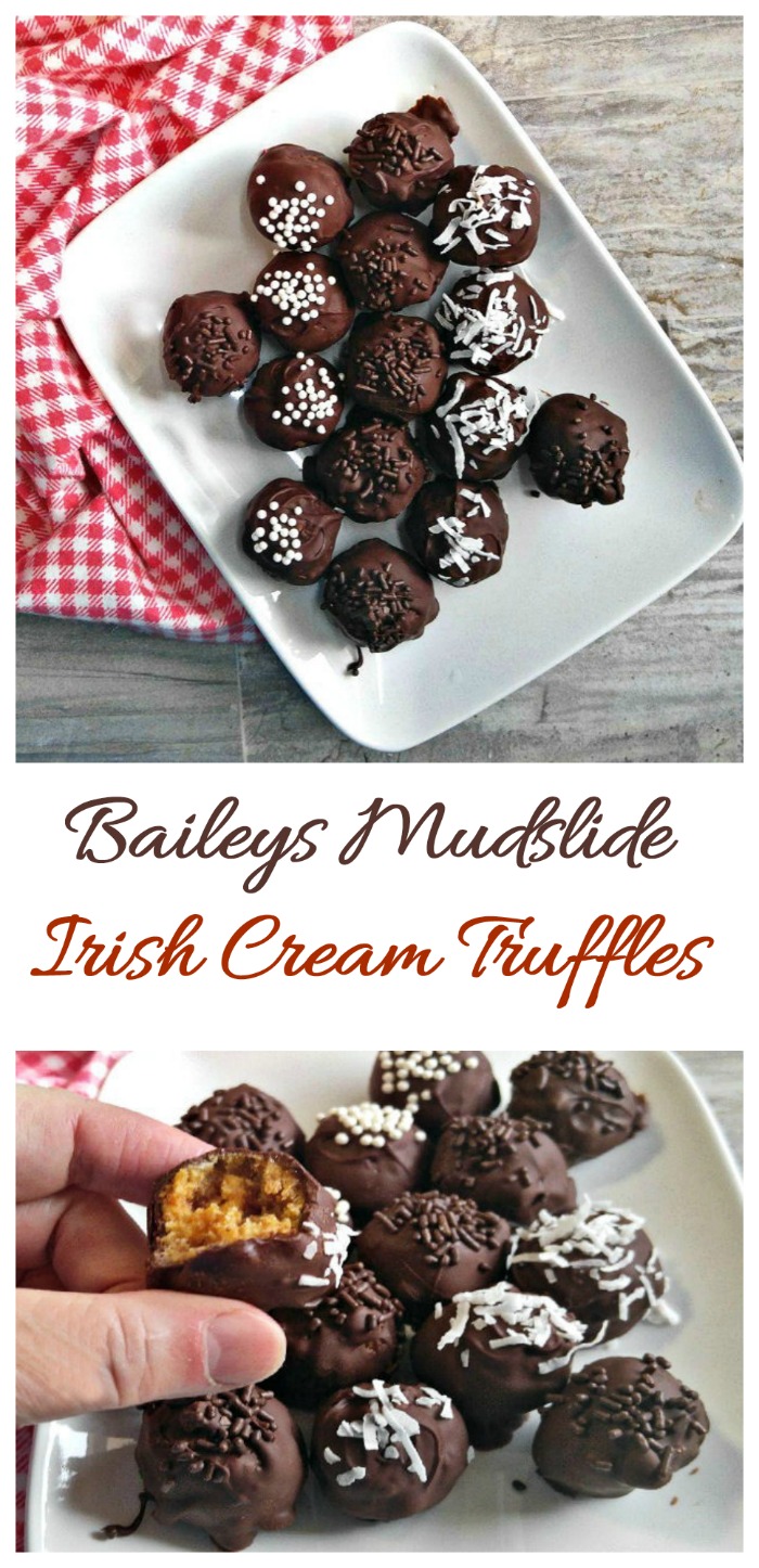 This Baileys Mudslide Truffle recipe used cookie crumbs and sugar infused with Irish Cream and Kahlua for a decadent truffle. #baileystruffles #mudslidetruffles