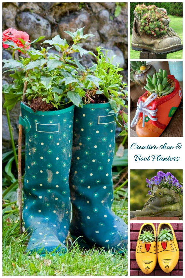These boot and shoe planters are a creative and unique way to add a whimsical touch to your garden. #shoeplanters #bootplanters