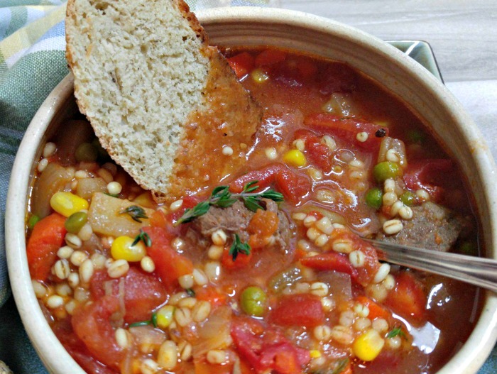 Use crusty bread to sop up the juices of this vegetable beef barley soup