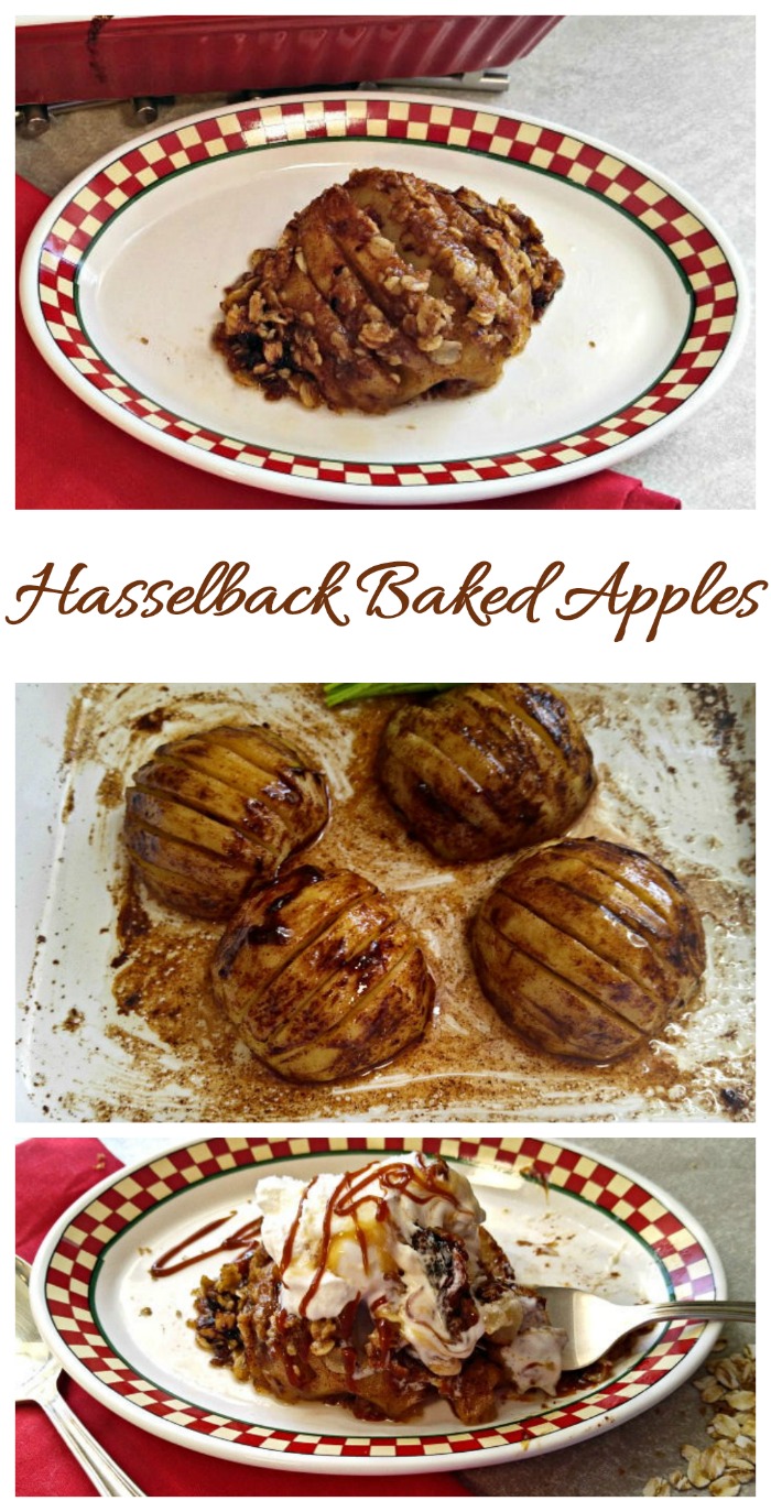 These hasselback baked apples are thinly sliced and drizzled with a butterly sugar glaze. The streusel topping is gluten free and tastes amazing. #hasselbackapples #bakedapples
