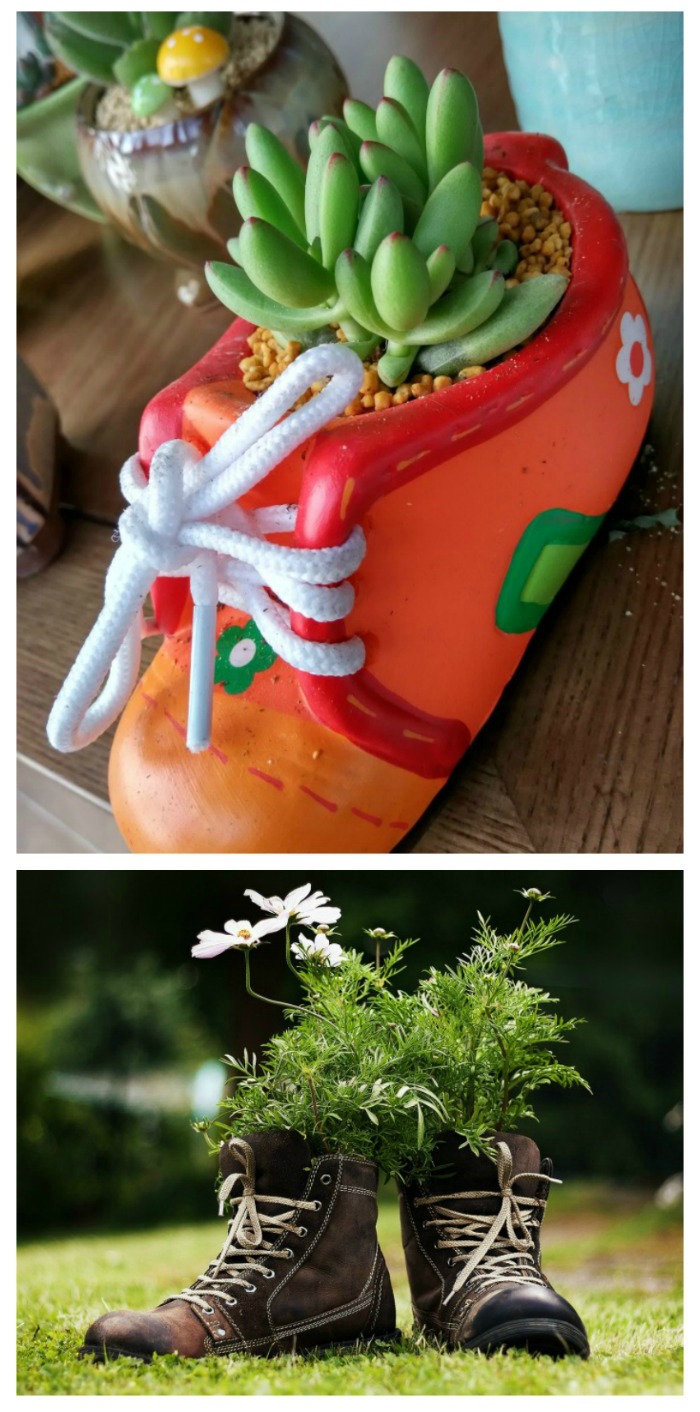 Use your old boots and shoes as garden planters for a whimsical look to any garden spot
