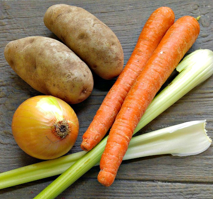 Potatoes, carrots, celery and onions make the base of my vegetable beef barley soup
