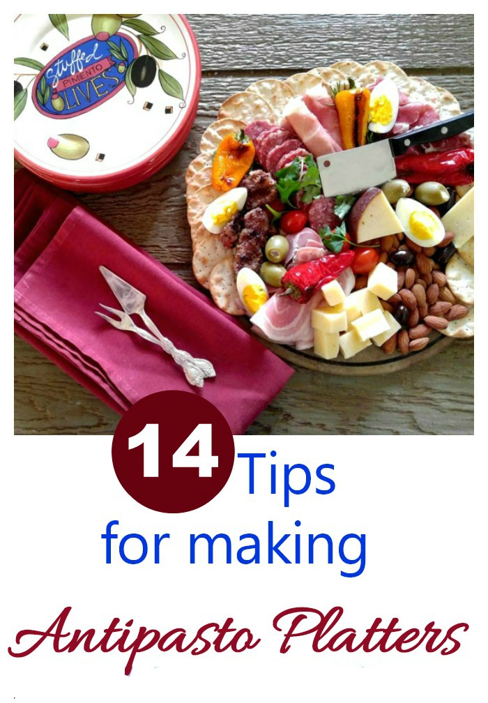 Plate of meat and vegetables with text reading "14 Tips for Making Antipasto Platters."