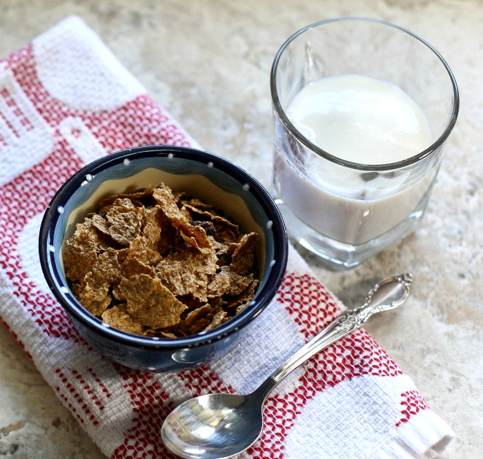 Whole grain cereal and almond milk.