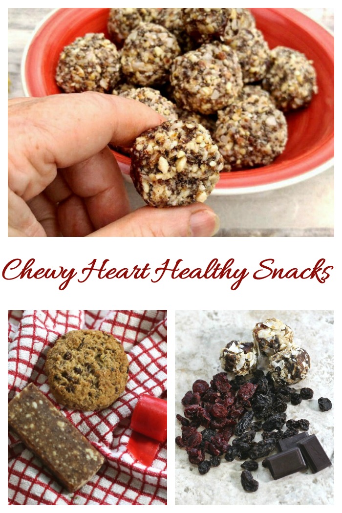 Date balls, healthy cookies and fruit and nuts in a collage with words Chewy Heart Healthy Snacks.