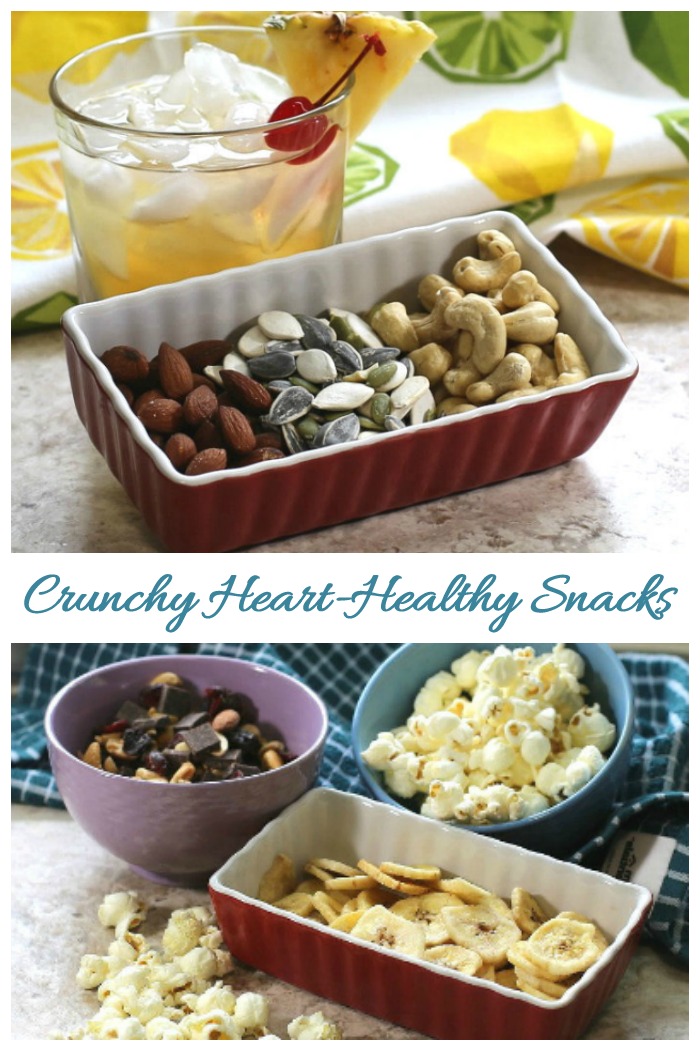 seeds, nuts and air popped popcorn in a collage with words crunchy heart healthy snacks.
