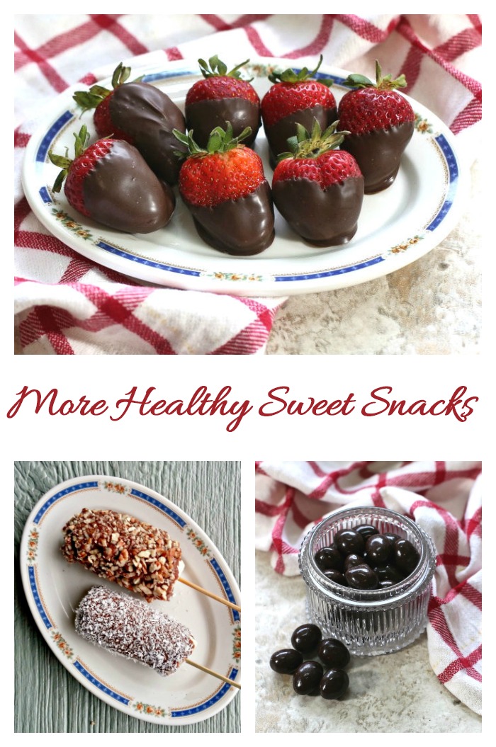 Chocolate dipped strawberries, frozen bananas in nuts and dark chocolate with words More healthy sweet snacks.