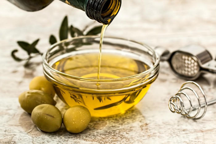 Olive oil and olives.