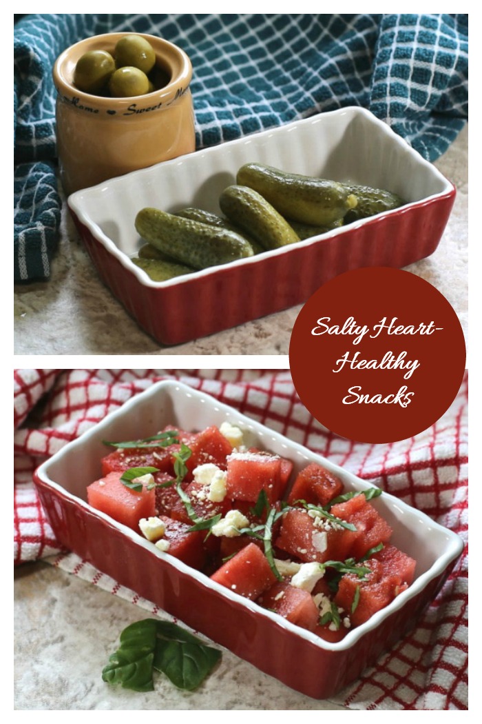 Dill pickles, olives and watermelon with feta cheese in a collage with words salty heart healthy snacks.