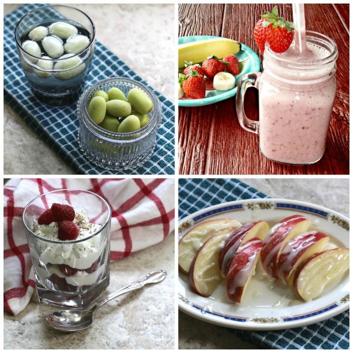Frozen grapes, smoothie, healthy parfait and sliced apples.