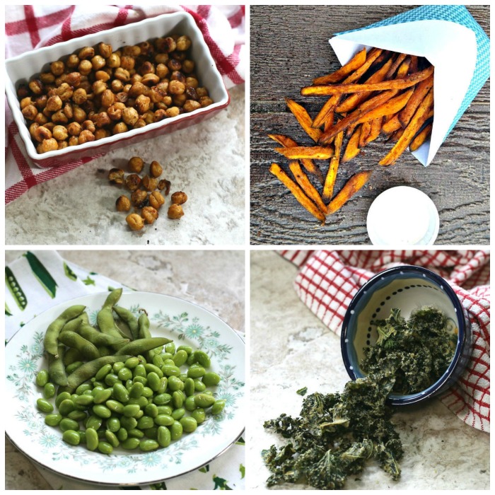 Roasted chick peas, sweet potato fries, edamame and kale chips in a collage