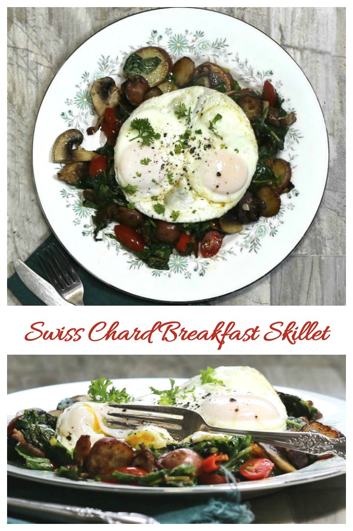 This Swiss chard breakfast skillet is topped with soft cooked eggs and fresh parsley. It is hearty and still healthy.