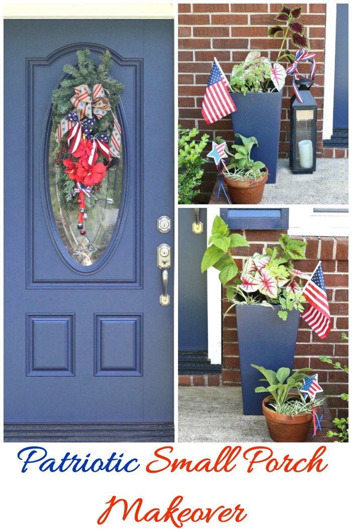 Patriotic small porch decor for the 4th of July greet gets with red white and blue decorations.