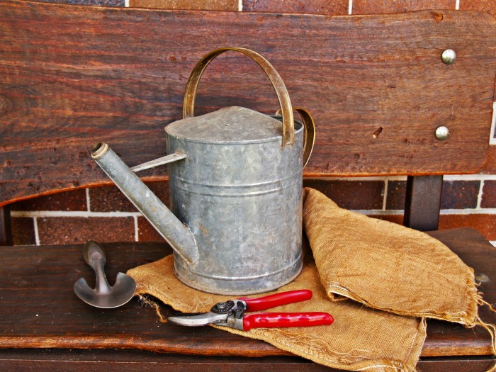 Galvanized metal can, with trowel and garden shears on a potting bench.
