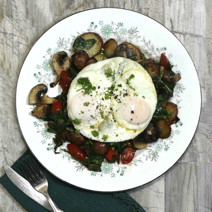 Eggs on a Swiss chard breakfast skillet