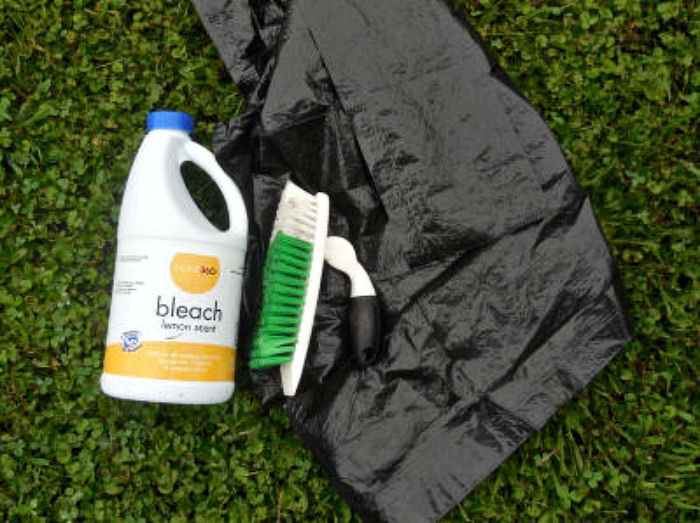 Black bag, scrub brush and bleach on a lawn.