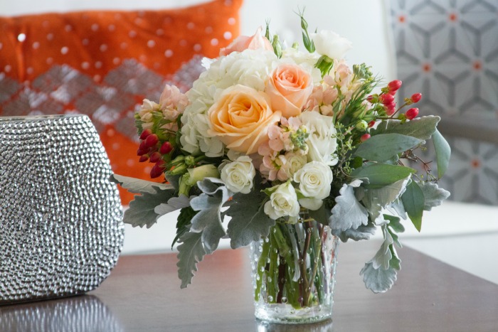 bouquet of flowers and dusty miller leaves.